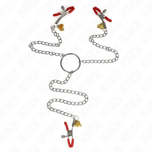 KINK - PINZAS PARA PEZONES Y CLÍTORIS ROJAS CON CASCABEL DORADO Y CADENA 30 CM - Nuvica
