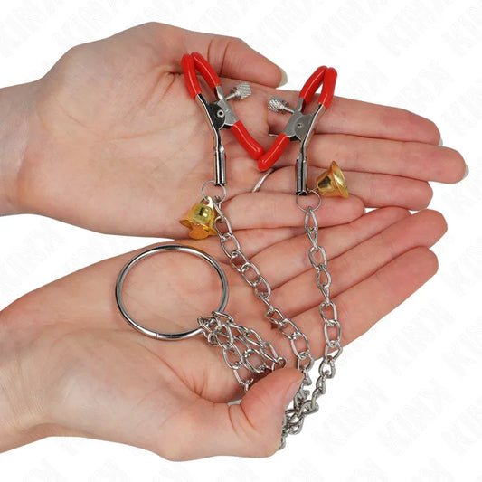 KINK - PINZAS PARA PEZONES Y CLÍTORIS ROJAS CON CASCABEL DORADO Y CADENA 30 CM - Nuvica
