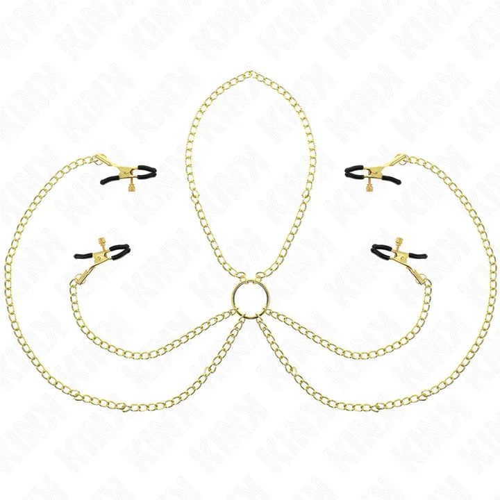 KINK - PINZAS PARA PEZONES Y CLÍTORIS 4 ENGANCHES AJUSTABLE DORADO - Nuvica