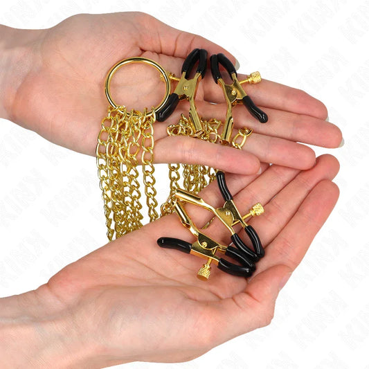 KINK - PINZAS PARA PEZONES Y CLÍTORIS 4 ENGANCHES AJUSTABLE DORADO - Nuvica
