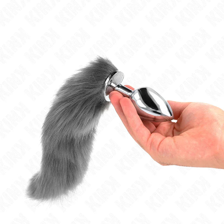 KINK - PLUG ANAL TALLA L 10 X 4 CM CON COLA SINTÉTICA 40 CM PLATEADO Y BLANCO - Nuvica