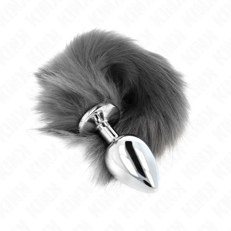 KINK - PLUG ANAL TALLA L 10 X 4 CM CON COLA SINTÉTICA 40 CM PLATEADO Y BLANCO - Nuvica