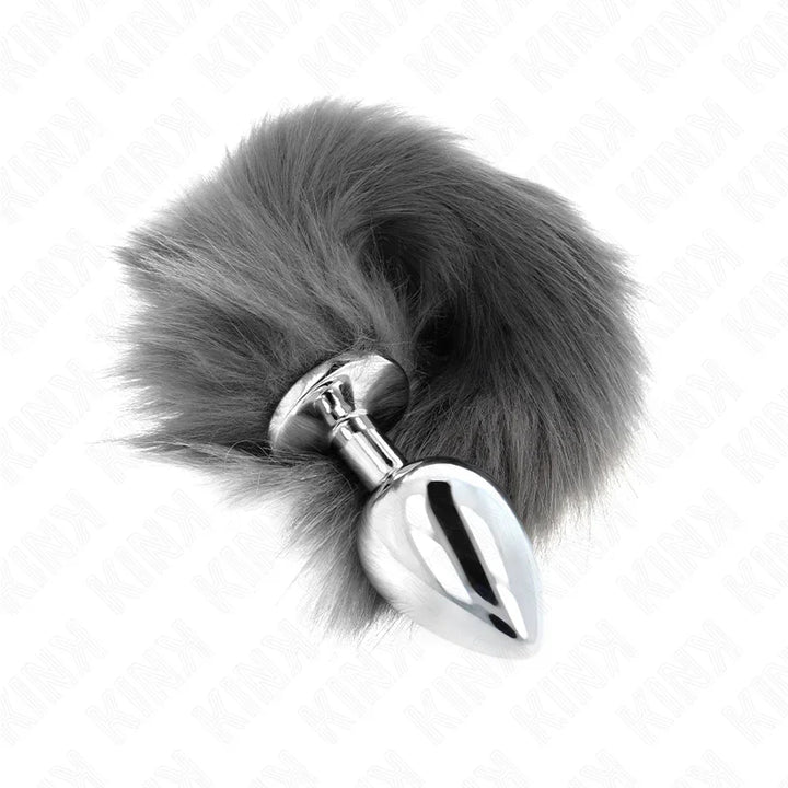 KINK - PLUG ANAL TALLA L 10 X 4 CM CON COLA SINTÉTICA 40 CM PLATEADO Y BLANCO - Nuvica