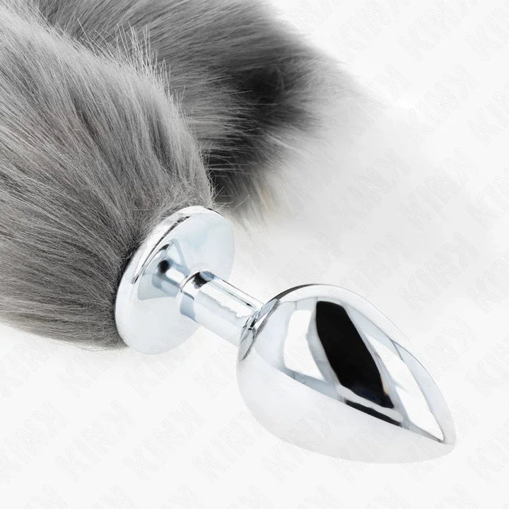 KINK - PLUG ANAL TALLA L 10 X 4 CM CON COLA SINTÉTICA 40 CM PLATEADO Y BLANCO - Nuvica