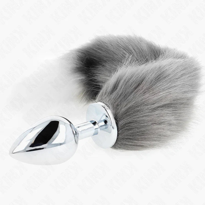 KINK - PLUG ANAL TALLA L 10 X 4 CM CON COLA SINTÉTICA 40 CM PLATEADO Y BLANCO - Nuvica