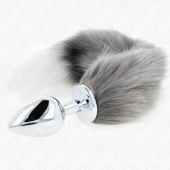 KINK - PLUG ANAL TALLA L 10 X 4 CM CON COLA SINTÉTICA 40 CM PLATEADO Y BLANCO - Nuvica