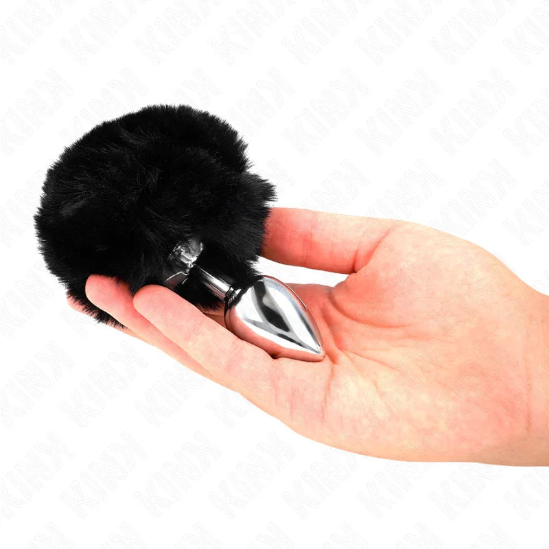 KINK - PLUG 7 x 3 CM DE ACERO INOXIDABLE CON COLA DE CONEJO PIEL SINTÉTICA 8 CM NEGRO - Nuvica