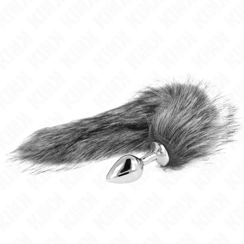 KINK - PLUG ANAL TALLA M 8 X 3.5 CM CON COLA SINTÉTICA 40 CM PLATEADO - Nuvica