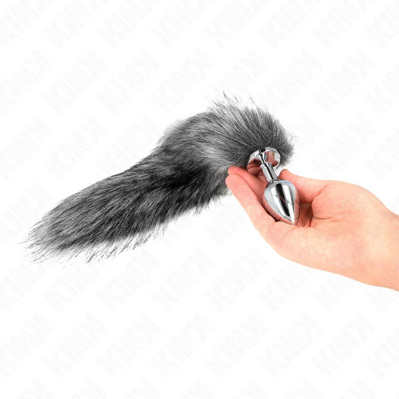 KINK - PLUG ANAL TALLA M 8 X 3.5 CM CON COLA SINTÉTICA 40 CM PLATEADO - Nuvica