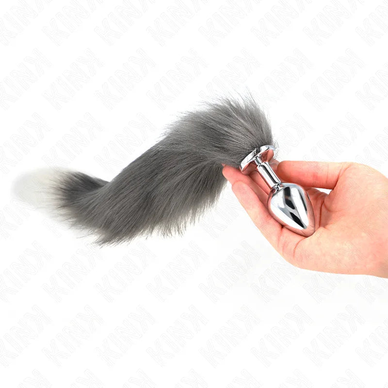 KINK - PLUG ANAL TALLA M 8 X 3.5 CM CON COLA SINTÉTICA 40 CM PLATEADO Y BLANCO - Nuvica