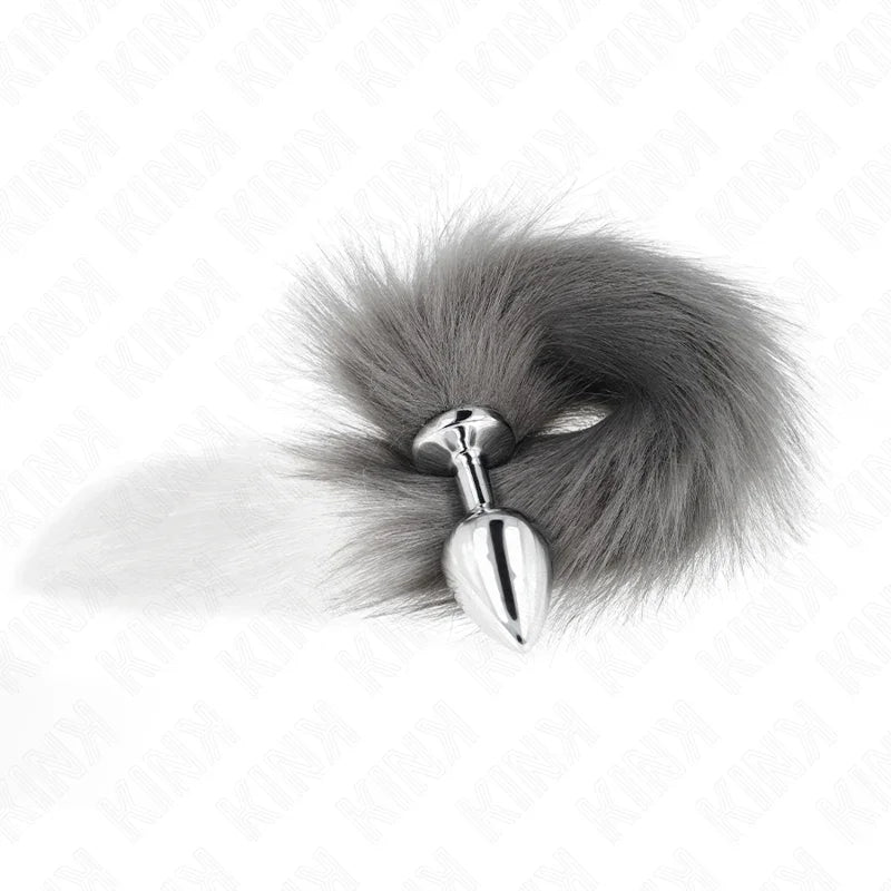 KINK - PLUG ANAL TALLA M 8 X 3.5 CM CON COLA SINTÉTICA 40 CM PLATEADO Y BLANCO - Nuvica