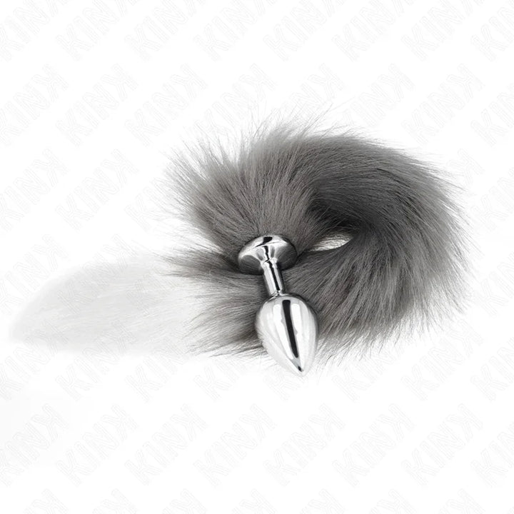 KINK - PLUG ANAL TALLA M 8 X 3.5 CM CON COLA SINTÉTICA 40 CM PLATEADO Y BLANCO - Nuvica