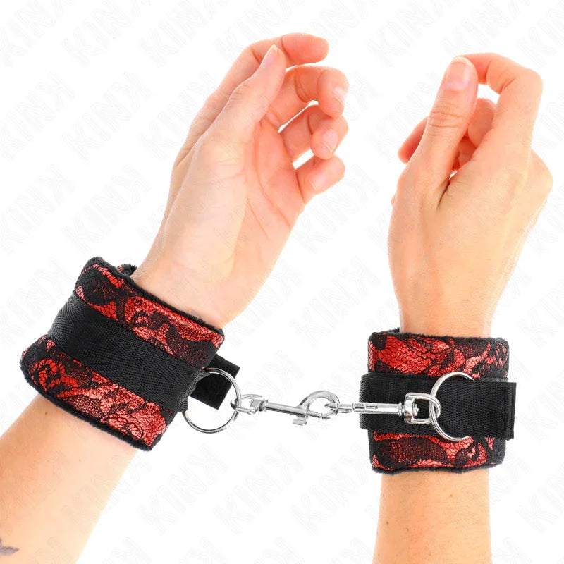 KINK - MUÑEQUERAS CORTAS DE ENCAJE TERCIOPELO Y UNIÓN DE NYLON ROJO/NEGRO 23 X 6.5 CM - Nuvica