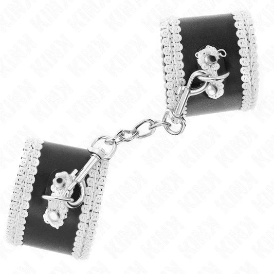 KINK - MUÑEQUERAS NEGRO CON ENCAJE DECORATIVO BLANCO AJUSTABLE 20-23 CM X 5.5 CM - Nuvica