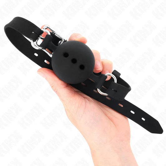 KINK - MORDAZA 55 x 2 CM DE BOLA 4.5 CM DE SILICONA COMPLETA TALLA M NEGRO AJUSTABLE 35-51 CM - Nuvica