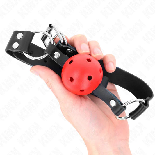 KINK - MORDAZA DE BOLA 4 CM TRANSPIRABLE CON DOBLE REMACHE ROJO 62 x 2.5 CM AJUSTABLE 42-58 CM - Nuvica