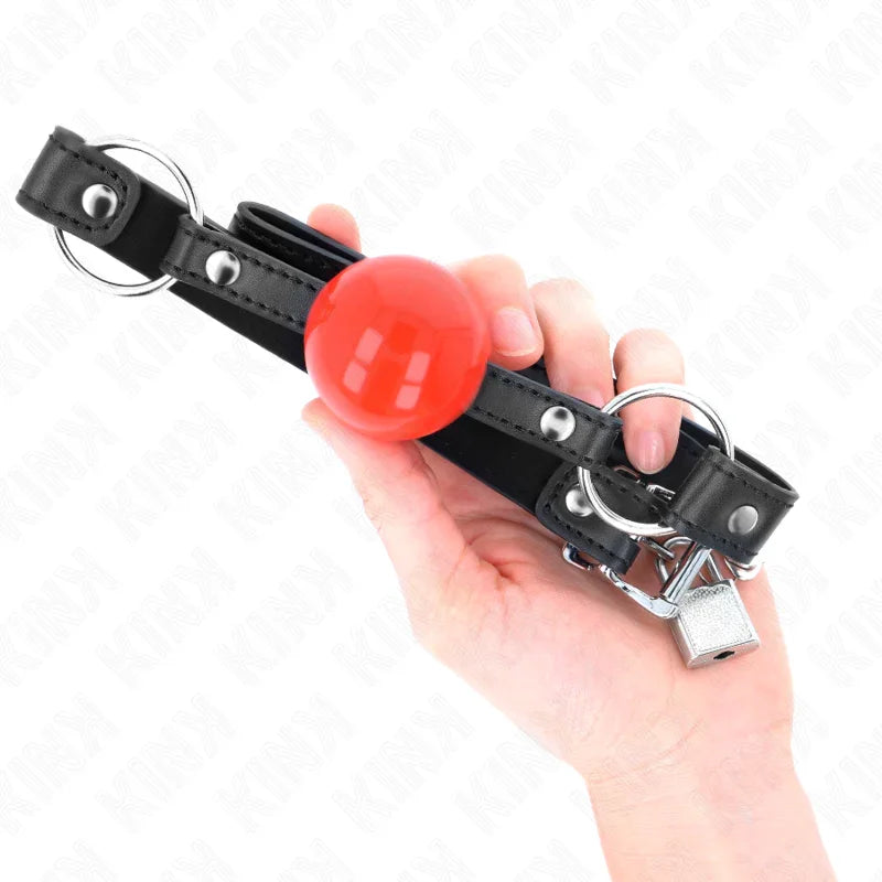 KINK - MORDAZA DE BOLA 4 CM CON CANDADO BOLA ROJA CORREA NEGRA 60 x 2 CM - Nuvica