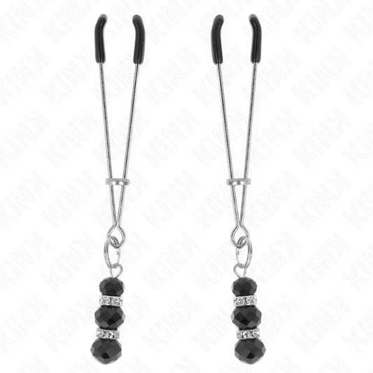 KINK - PINZAS PARA PEZONES PLATEADA FINA CON TRIPLE BOLA DE VIDRIO NEGRO 7 CM - Nuvica