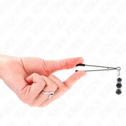 KINK - PINZAS PARA PEZONES PLATEADA FINA CON TRIPLE BOLA DE VIDRIO NEGRO 7 CM - Nuvica