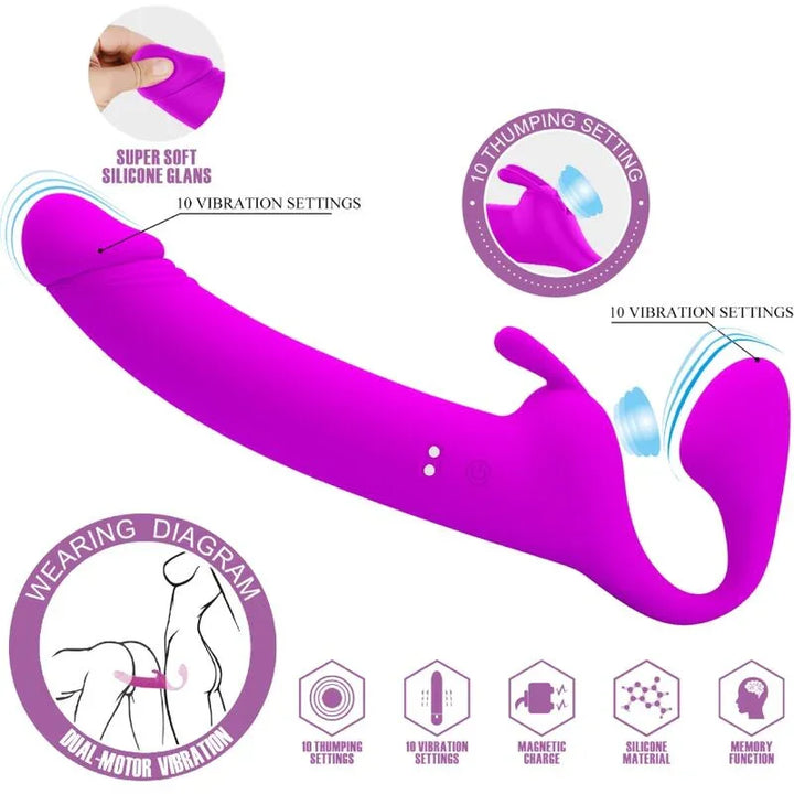 PRETTY LOVE - ZANINI DILDO STRAP-ON SIN ARNÉS 10 VIBRACIONES MORADO - Nuvica