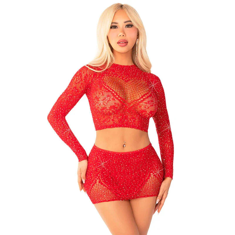 LEG AVENUE - TOP + FALDA DE REJILLA CON BRILLANTES ROJO - Nuvica
