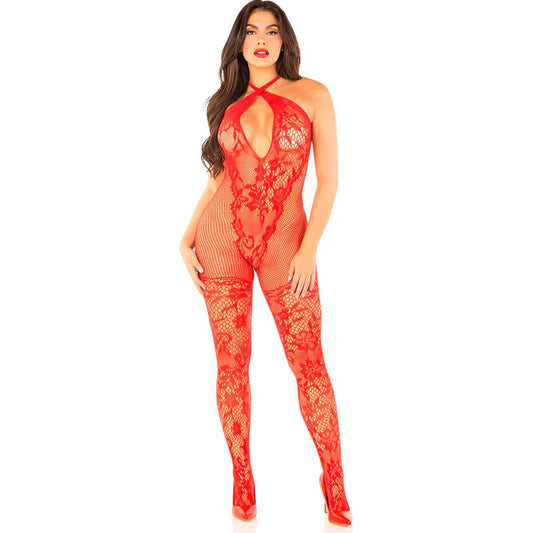 LEG AVENUE - BODYSTOCKING DE REJILLA CON ESTAMPADO DE FLORES ROJO TALLA ÚNICA - Nuvica