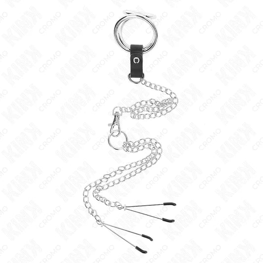 KINK - ANILLO PENE TRIPLE METAL CROMADO 3 CM A 4.5 CM CON CADENA METAL 26 CM Y PINZAS PARA PEZONES - Nuvica