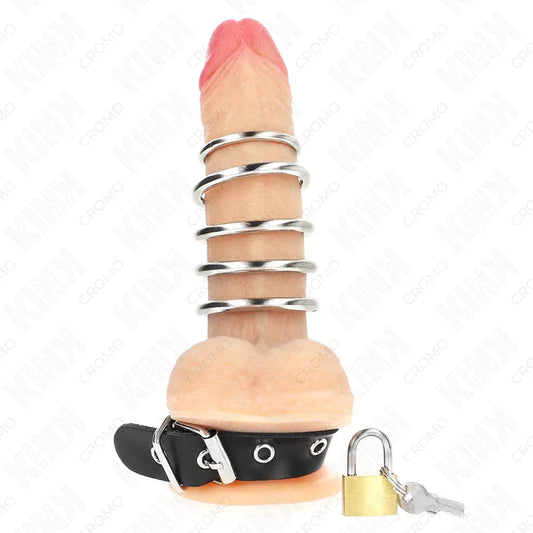 KINK - ANILLO PENE CUERO CORREA CON CERRADURA 21 X 2 CM Y 5 ANILLOS METAL DE 3 CM A 4 CM - Nuvica