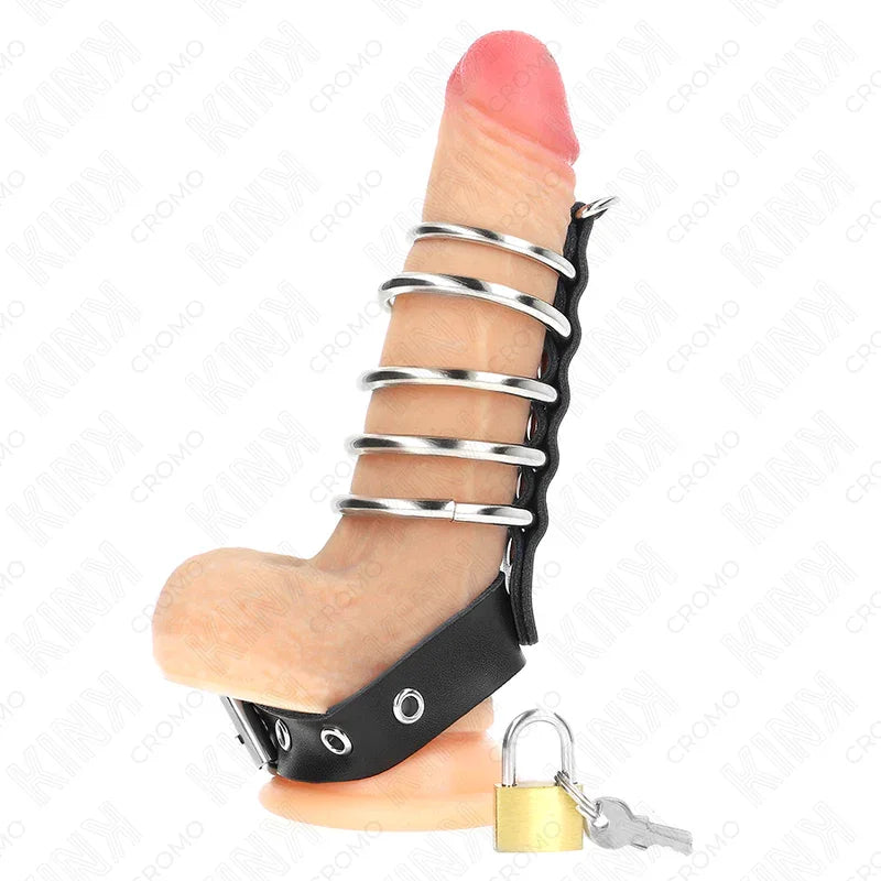 KINK - ANILLO PENE CUERO CORREA CON CERRADURA 21 X 2 CM Y 5 ANILLOS METAL DE 3 CM A 4 CM - Nuvica