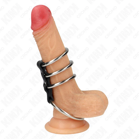 KINK - 4 ANILLOS PENE METAL 3.7 CM A 5 CM CONECTADOS POR CUERO - Nuvica