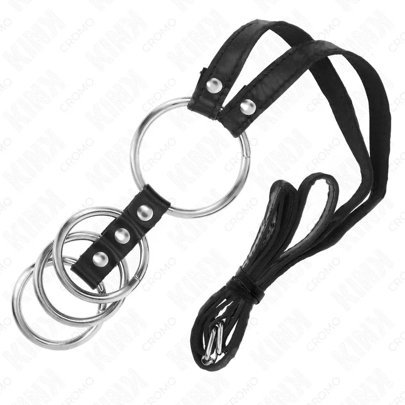 KINK - 4 ANILLOS PENE METAL CONECTADOS 3.8 CM A 5 CM CON CINTURÓN DE POLIPIEL 112 CM - Nuvica
