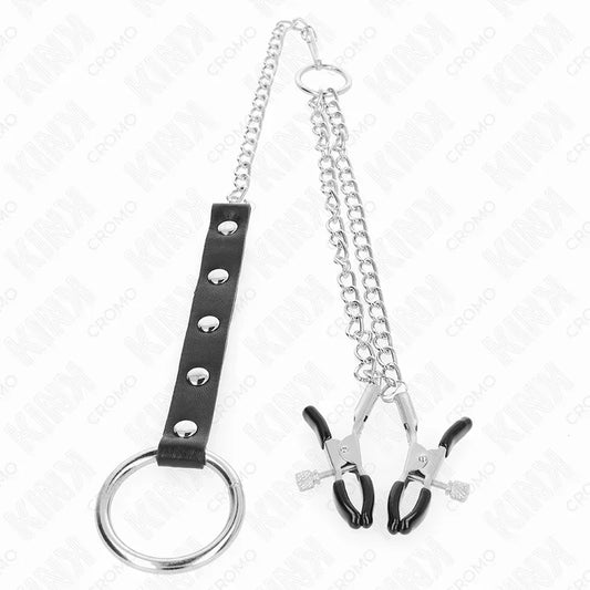 KINK - ANILLO PENE METAL CON CADENA Y PINZAS PARA PEZONES AJUSTABLE - Nuvica