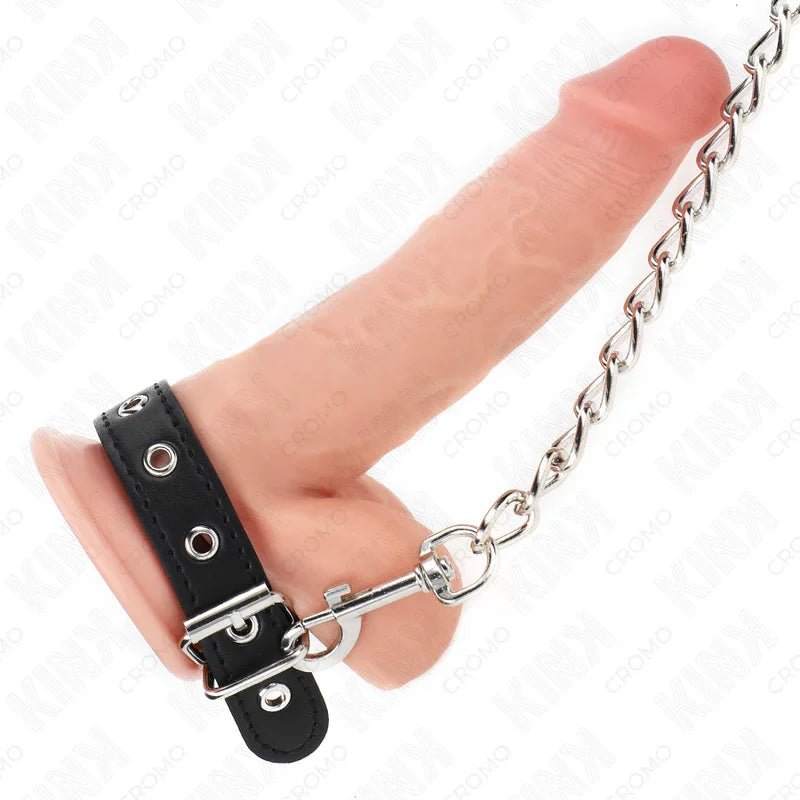 KINK - ANILLO PENE CUERO 21.5 X 2 CM CON CADENA METAL 60 CM Y CORREA DE CUERO - Nuvica