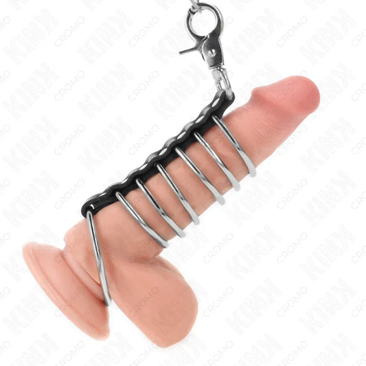 KINK - 7 ANILLOS PENE METAL 3.8 CM A 5 CM CONECTADOS CON POLIPIEL Y CADENA METAL 100 CM - Nuvica