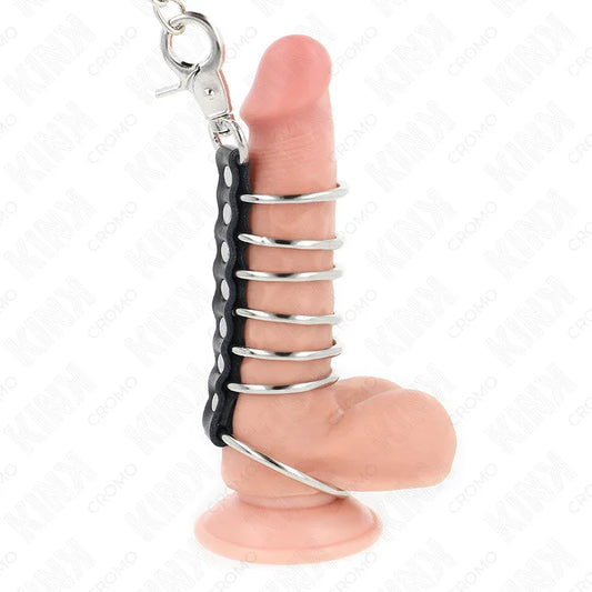 KINK - 7 ANILLOS PENE METAL 3.8 CM A 5 CM CONECTADOS CON POLIPIEL Y CADENA METAL 100 CM - Nuvica