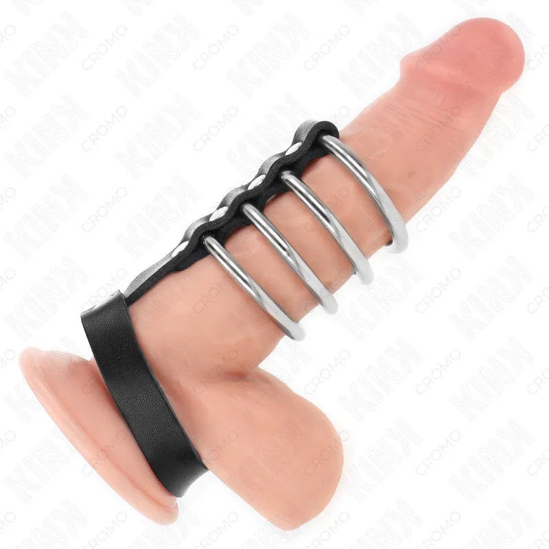 KINK - 4 ANILLOS PENE METAL 3.8 CM CONECTADOS CON CORREA DE CUERO 22 X 1.5 CM Y CIERRE A PRESIÓN - Nuvica