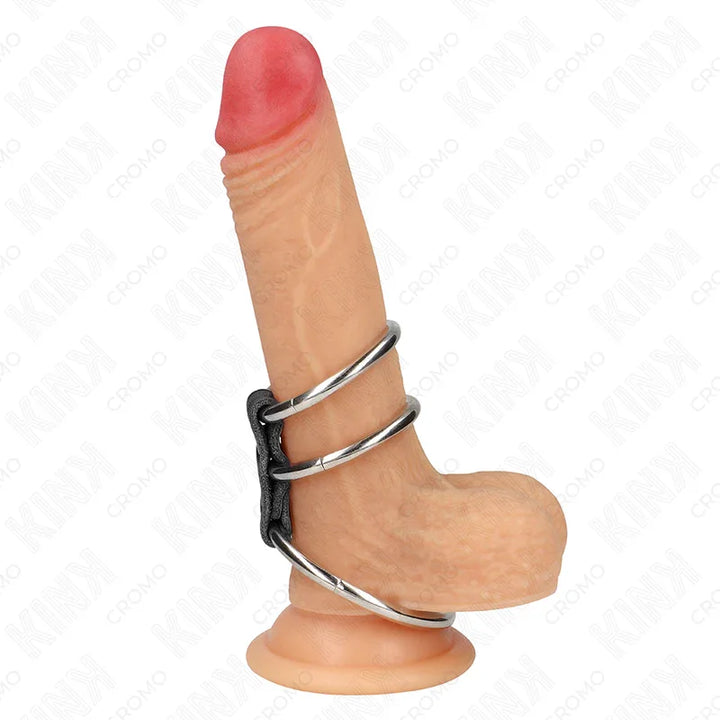 KINK - ANILLO PENE TRIPLE METAL 3.7 CM A 5 CM CONECTADOS CON CUERO - Nuvica