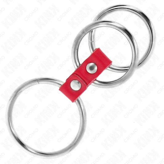 KINK - ANILLO PENE TRIPLE METAL 3.7 CM A 5 CM CONECTADOS CON CUERO ROJO - Nuvica