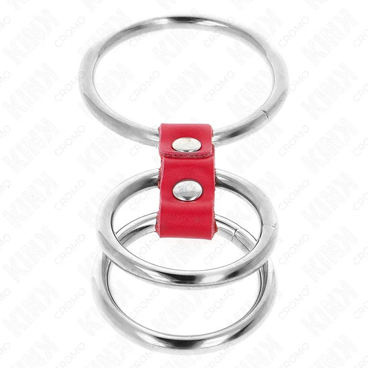 KINK - ANILLO PENE TRIPLE METAL 3.7 CM A 5 CM CONECTADOS CON CUERO ROJO - Nuvica