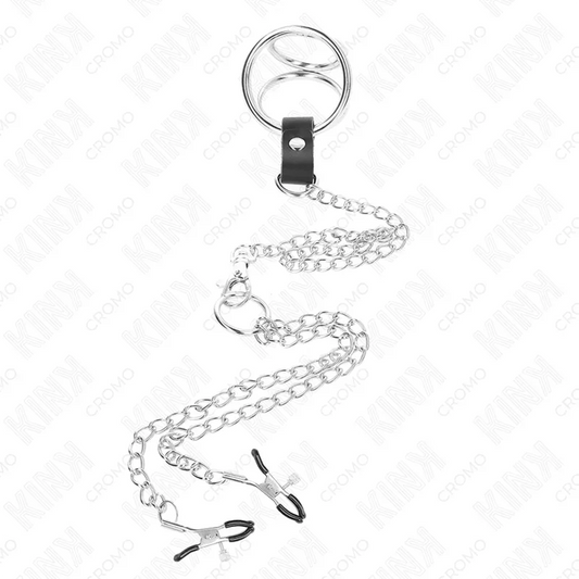 KINK - ANILLO PENE TRIPLE METAL CROMADO 3.8 CM A 5 CM CON CADENA METAL 26 CM Y PINZAS PARA PEZONES MODELO 1 - Nuvica