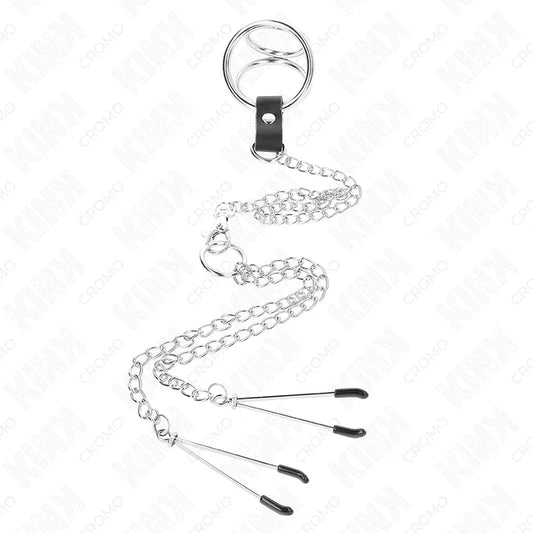 KINK - ANILLO PENE TRIPLE METAL CROMADO 3.8 CM A 5 CM CADENA METAL 26 CM Y PINZAS PARA PEZONES MODELO 2 - Nuvica