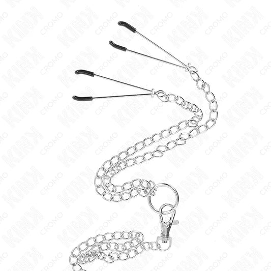 KINK - ANILLO PENE TRIPLE METAL CROMADO 3.8 CM A 5 CM CADENA METAL 26 CM Y PINZAS PARA PEZONES MODELO 2 - Nuvica