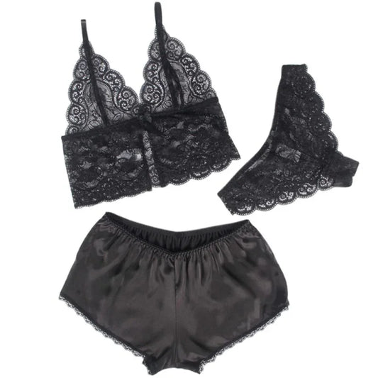 SUBBLIME - 953911 SET 3 PIEZAS ENCAJE Y SATEN NEGRO S/M - Nuvica