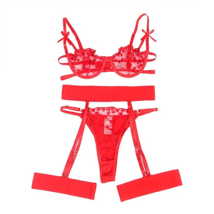 SUBBLIME - 954321 SUJETADOR + TANGA + LIGUEROS ESTAMPADO DE CORAZONES ROJO S/M - Nuvica