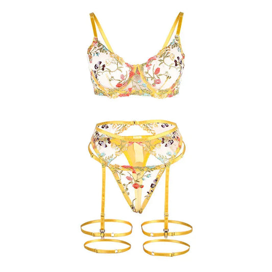 SUBBLIME - 954352 SUJETADOR + TANGA + LIGUEROS DISEÑO FLORAL AMARILLO L/XL - Nuvica