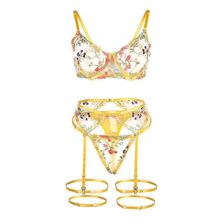 SUBBLIME - 954352 SUJETADOR + TANGA + LIGUEROS DISEÑO FLORAL AMARILLO L/XL - Nuvica