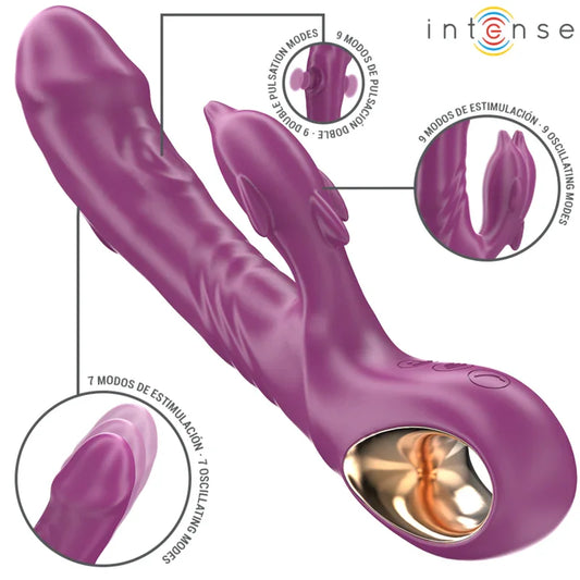 INTENSE - HALLE VIBRADOR MULTIFUNCIÓN CON LENGUA ESTIMULADORA EN FORMA DE DELFÍN MORADO - Nuvica