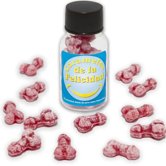 DIABLO PICANTE - BOTE 12 CARAMELOS DE LA FELICIDAD FORMA PENE FRESA/CEREZA - Nuvica