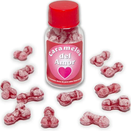DIABLO PICANTE - 12 CARAMELOS DEL AMOR FORMA PENE FRESA/CEREZA - Nuvica