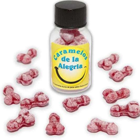 DIABLO PICANTE - 12 CARAMELOS DE LA ALEGRÍA FORMA PENE FRESA/CEREZA - Nuvica